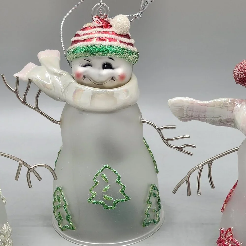 The Bradford Editions Snowman Family Glass Bells Ornaments Christmas Winter
